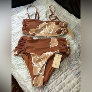 NWT Hutch x Anthropologie Isla High Waist Brown Ruched Bikini Size XS